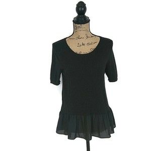 LOFT Womens S Petite Sweater Black Half Sleeve Scoop Neck Sheer Peplum Ruffle